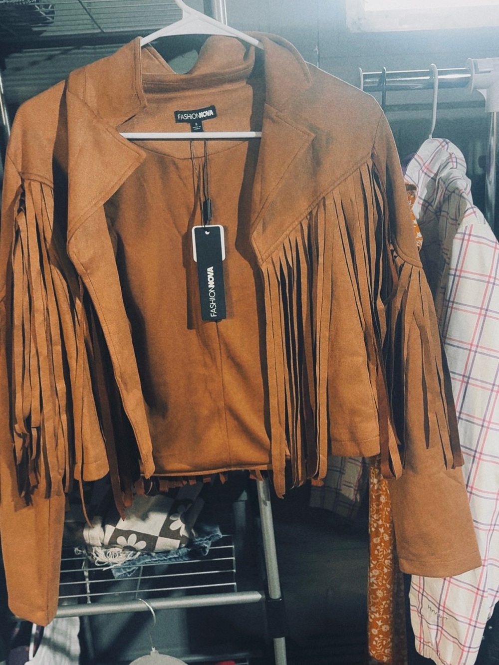 Fashion Nova Tan Fringe Suede Jacket